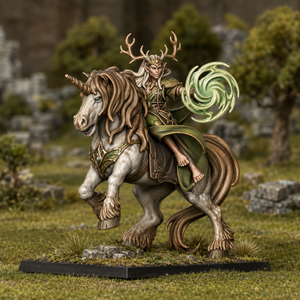 Feral Elves - Mounted Feral Elf Druid on Unicorn  Unit by Highlands Miniatures