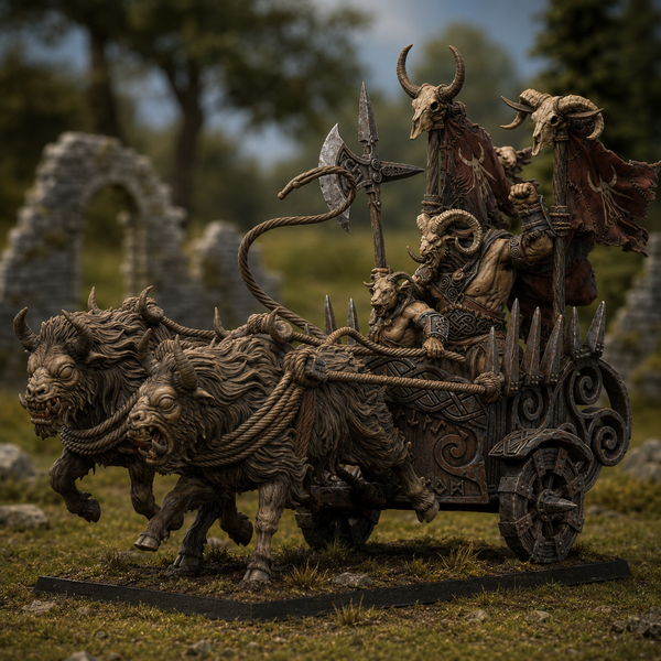 The Primordial Herd - Aitzgor Wildhorn Chieftain on Chariot  Unit by Lost Kingdom Miniatures