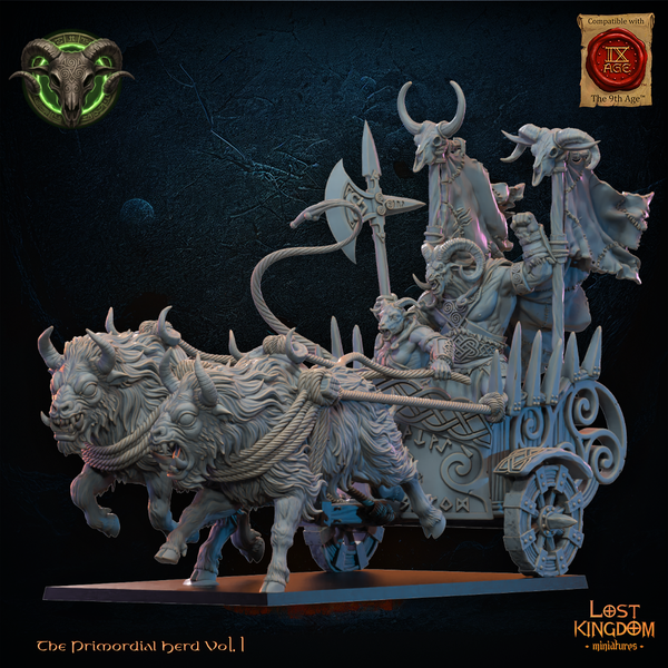 The Primordial Herd - Aitzgor Wildhorn Chieftain on Chariot  Unit by Lost Kingdom Miniatures