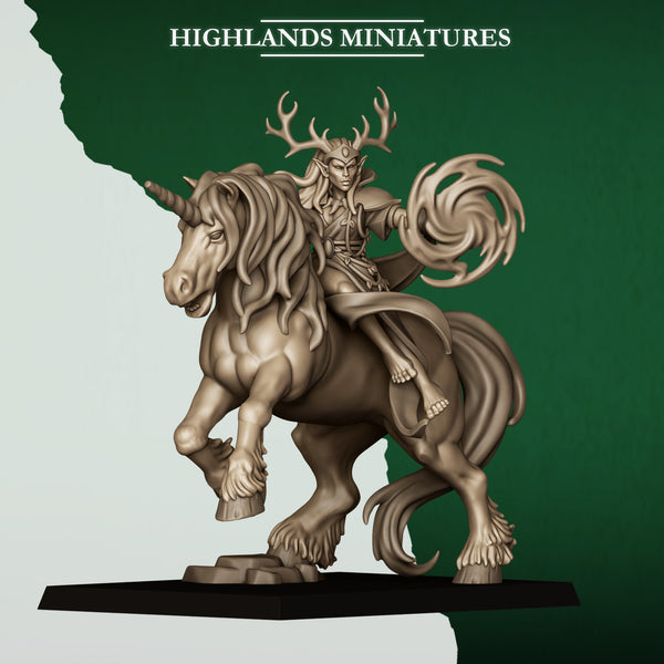 Feral Elves - Mounted Feral Elf Druid on Unicorn  Unit by Highlands Miniatures