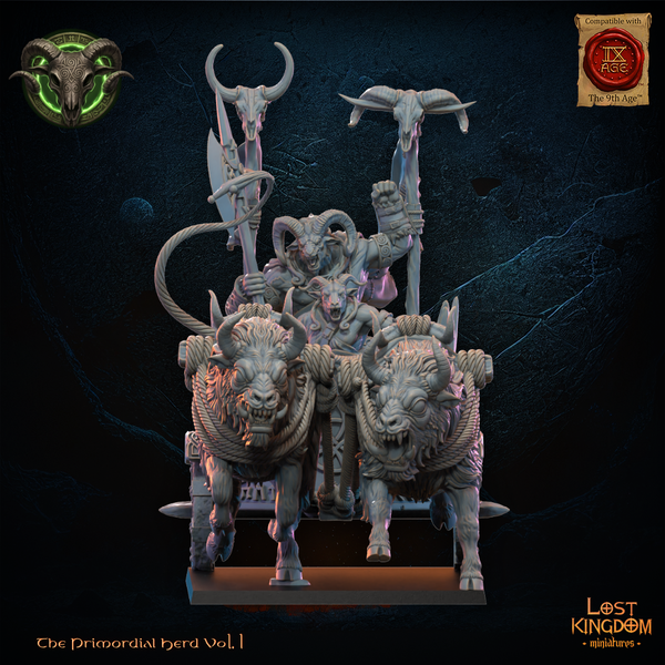 The Primordial Herd - Aitzgor Wildhorn Chieftain on Chariot  Unit by Lost Kingdom Miniatures