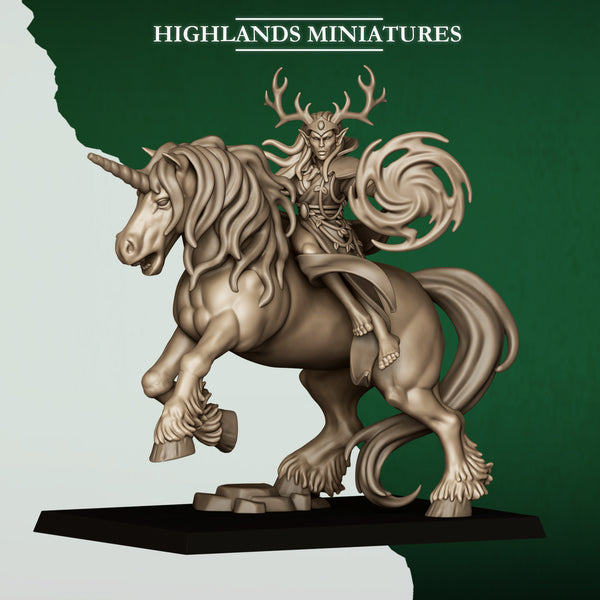 Feral Elves - Mounted Feral Elf Druid on Unicorn  Unit by Highlands Miniatures