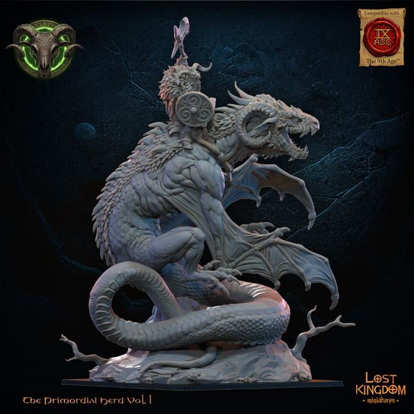The Primordial Herd - Brennach Wildhorn Lord on Cuelebre  Unit by Lost Kingdom Miniatures