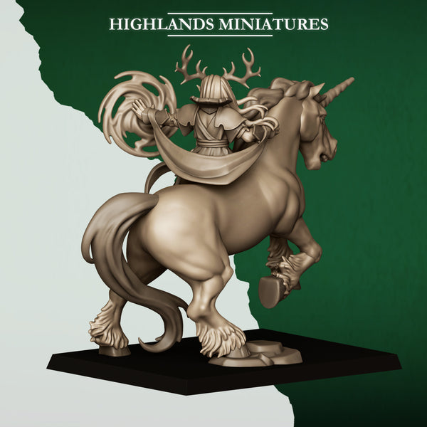 Feral Elves - Mounted Feral Elf Druid on Unicorn  Unit by Highlands Miniatures
