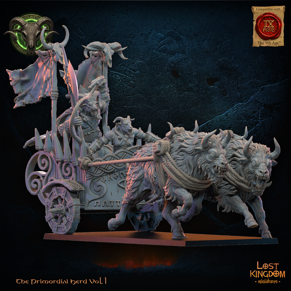 The Primordial Herd - Aitzgor Wildhorn Chieftain on Chariot  Unit by Lost Kingdom Miniatures