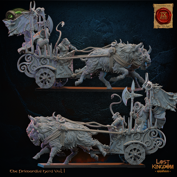 The Primordial Herd - Aitzgor Wildhorn Chieftain on Chariot  Unit by Lost Kingdom Miniatures