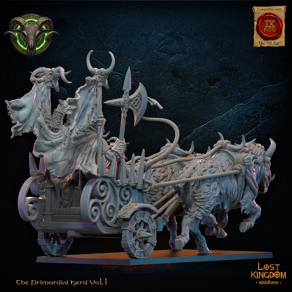 The Primordial Herd - Aitzgor Wildhorn Chieftain on Chariot  Unit by Lost Kingdom Miniatures