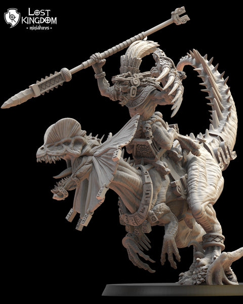 Saurian Ancients (Cuetzpal) Ezocamtl General on Dilophosaurus By  Lost Kingdom Miniatures
