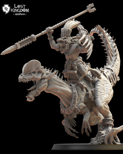 Saurian Ancients (Cuetzpal) Ezocamtl General on Dilophosaurus By  Lost Kingdom Miniatures