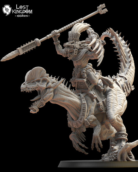 Saurian Ancients (Cuetzpal) Ezocamtl General on Dilophosaurus By  Lost Kingdom Miniatures