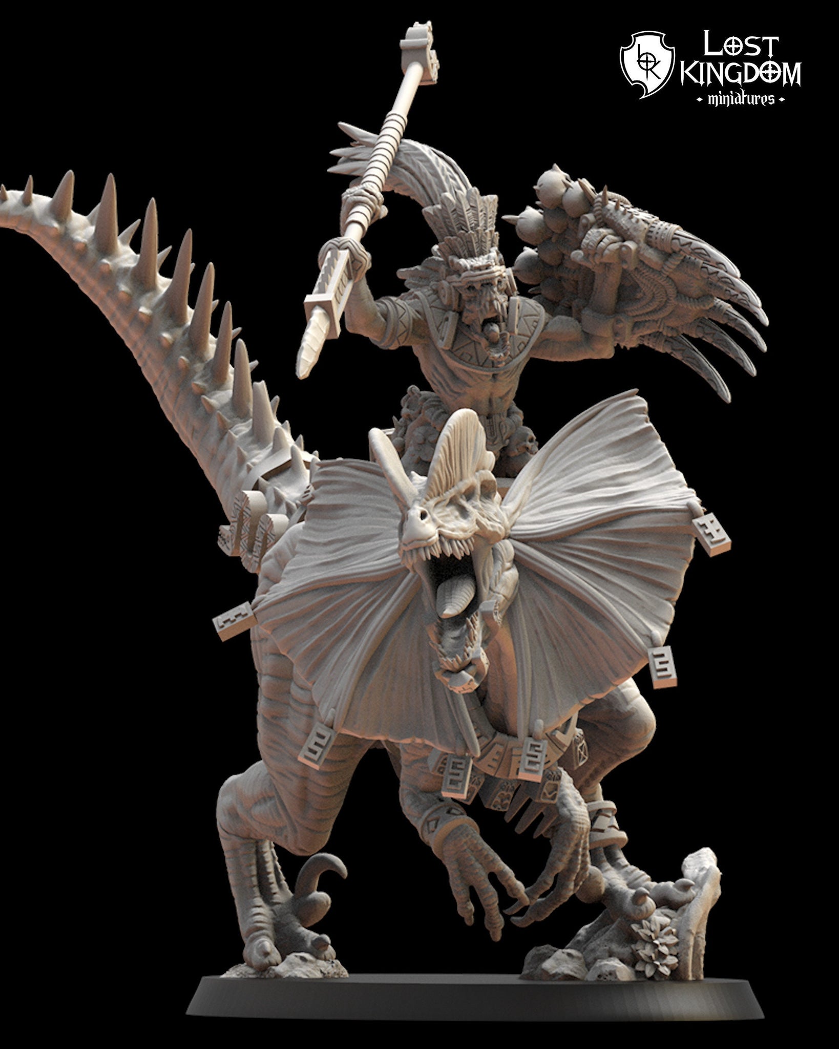 Saurian Ancients (Cuetzpal) Ezocamtl General on Dilophosaurus By  Lost Kingdom Miniatures