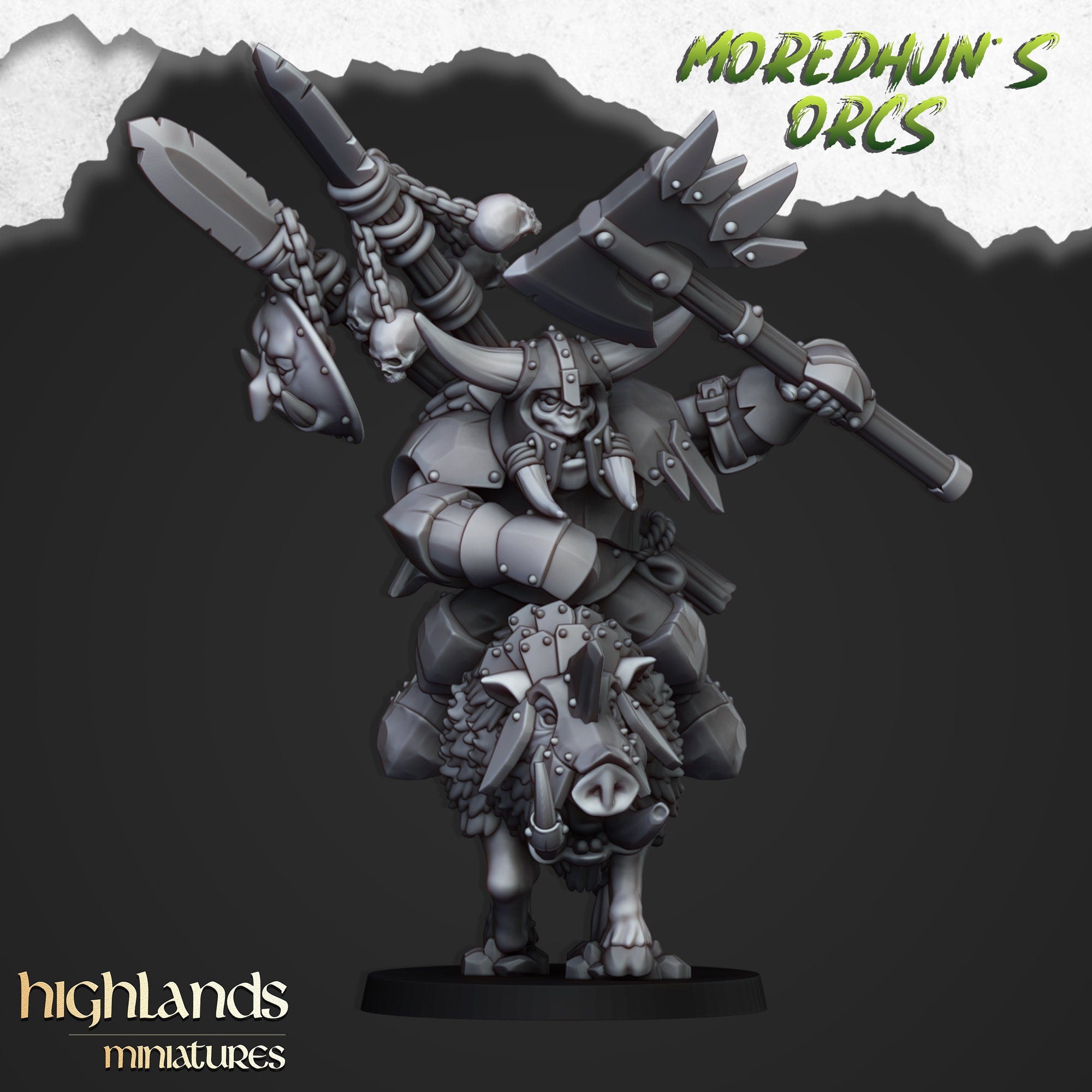Moredhun's Orcs - Mounted Orcs Chief on Boar Unit by Highlands Miniatures