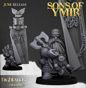 Sons of Ymir Dwarf Lord with Battle Banner by Highlands Miniatures